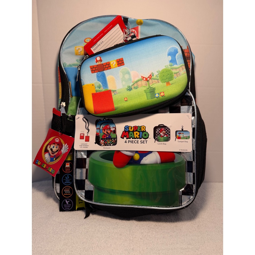 Nintendo Super Mario 4 Piece Backpack Set Lunch Bag Gadget Bag Lanyard New